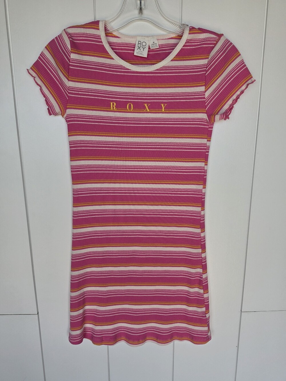 Roxy Girls Size Small 10/12 Striped Ribbed Knit T-Shirt Dress Pink Orange White
